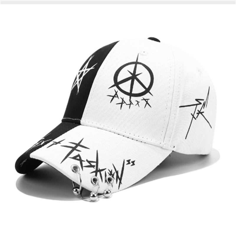 1pc Black And White Stitching Iron Ring Baseball Cap, Cool Versatile Hip-hop Plus Bead Cap