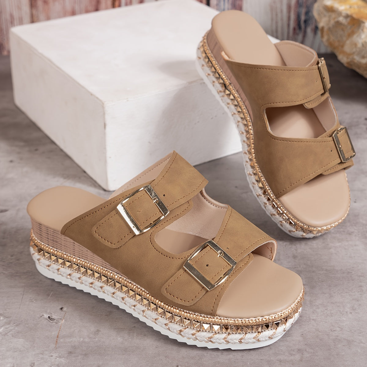 Chic Womens Wedge Sandals - Stylish Heel, Breathable Open Toe, Ultra-Comfortable Platform, Double Buckle Straps - Perfect for Casual Everyday Style