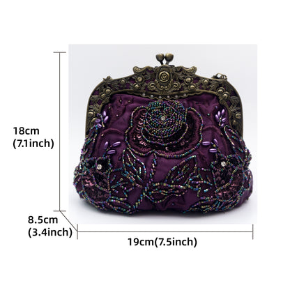 Flower Embossed Beaded Handbag, Kiss Lock Rose Elegant Clutch Bag, Vintage Style Mini Handbag