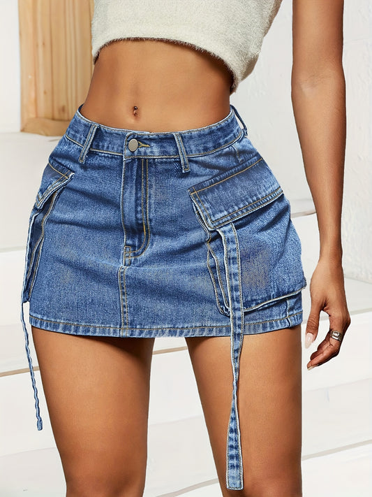 High-Waisted Cargo Denim Skirt for Women - Versatile Mini Design with Trendy Side Pockets, Ideal for Casual Outings - Washed Blue