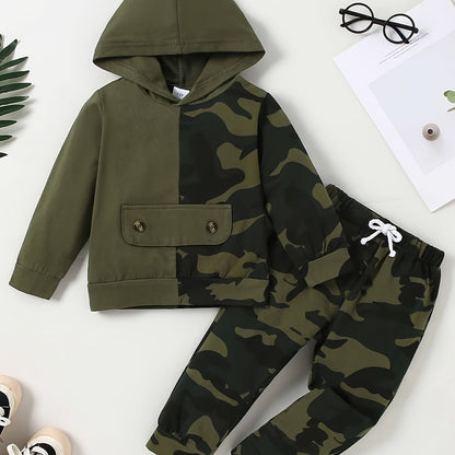 2-Piece Camo Cutie Set - Soft Cotton Long Sleeve Hoodie with Elastic Waist Pants, Comfortable Toddler Outfit for Autumn/Winter, Stylish Casual Wear for Little Boys