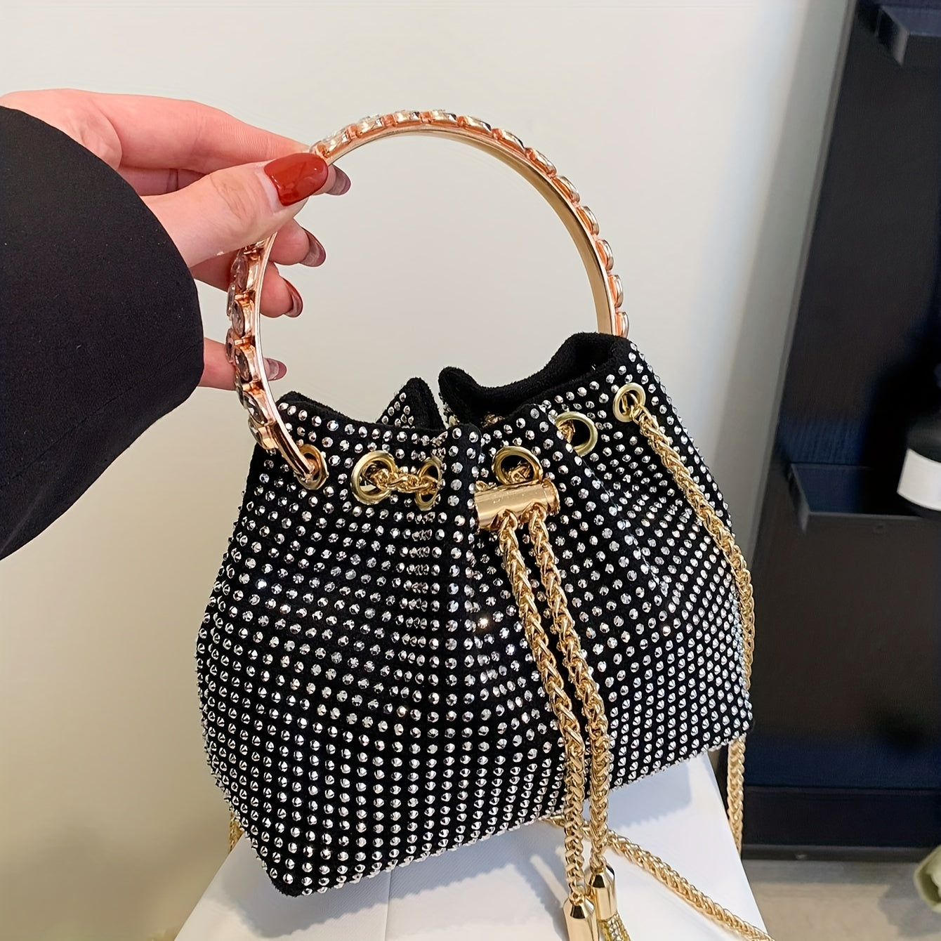 All Over Bright Rhinestone Bucket Bag, Drawstring Small Banquet Satchel Bag, Women's Luxury Dinner Shoulder Chain Bag And For Music Festival