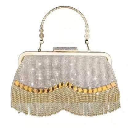 All Over Glitter Rhinestone Decor Handbag, Tassel Decor Satchel Bag, Women's Elegant Evening Bag For Party For Carnaval Use And Music Festival