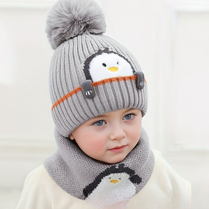 Penguin-Themed Hat & Scarf Combo For Young Ones - Thick, Warm Winter Gear, Ideal For Christmas And Halloween, Suitable For 3 To 14 Years