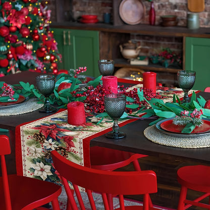 Christmas Poinsettia Linen Table Runner - Red, Festive Winter Decor for Holiday Dining & Kitchen