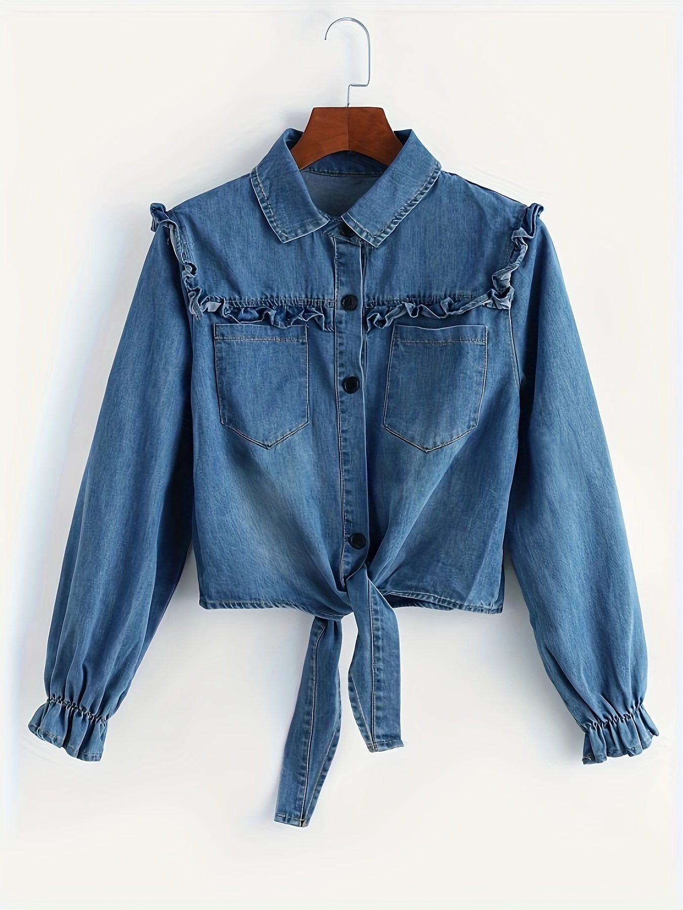 Frilled Knot Front Flounce Sleeve Denim Shirt Top, Lapel Patch Pocket Elegant Denim Top, Women's Denim Jeans & Clothing