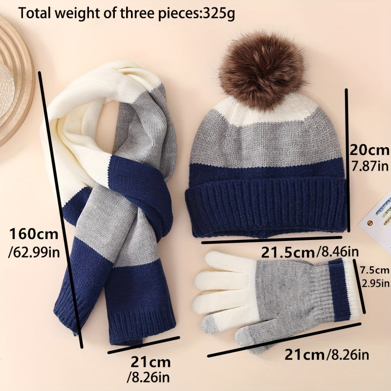 Festive Winter Knit Hat, Scarf, and Gloves Set for Teens: Striped Design, Soft Fleece, and Touchscreen Compatible