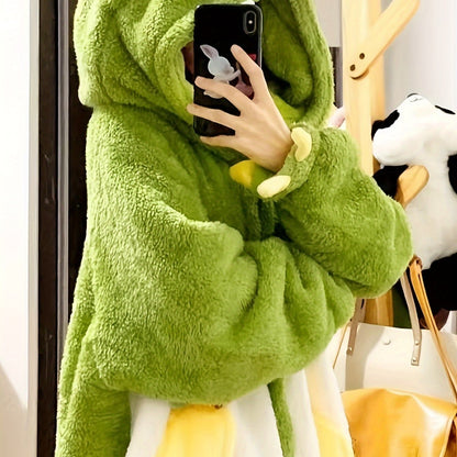 Cute Cartoon Dinosaur Fleece Thickened Night Robe For Fall & Winter, Long Sleeve Hooded Buttons Robe With Pockets, Women's Sleepwear & Dresses