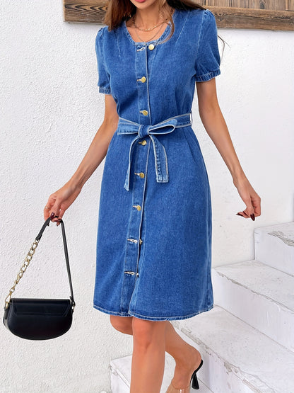 Plain Washed Blue Tie Belt Short Sleeve Slim Fit Denim Dress, Women's Denim Jeans & Clothing