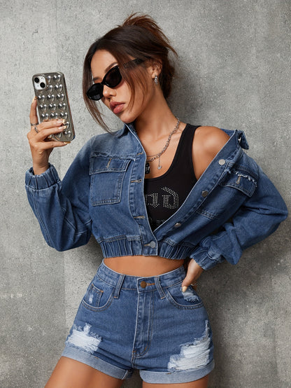 Chic Womens Denim Top with Flap Pockets - Long Sleeve Lapel Style - Trendy Raw Seams - Premium Jeans Clothing for Everyday Fashion