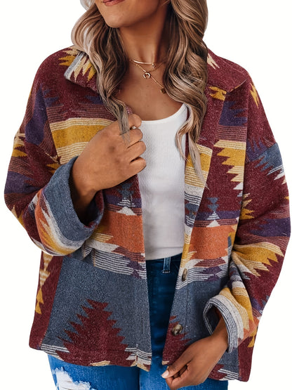 Bold Aztec Pattern Womens Jacket - Timeless Vintage Buttons, Long Sleeve Front Fastening - Stylish Casual Outerwear for Everyday Chic