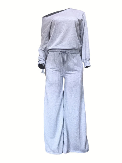 Chic Solid Two-piece Set - Relaxed Casual Outfit with Slanted Shoulder Tops & Drawstring Waist Pants - Perfect for Everyday Style - Womens Clothing