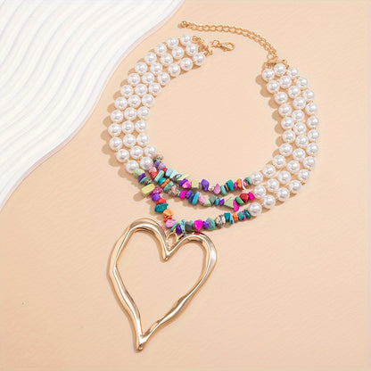 1pc Multilayer Exaggerated Holiday Style Imitation Pearl Peach Heart Charm Necklace Colorful Pine Stone CCB Necklace Charm Multilayer Necklace Gift