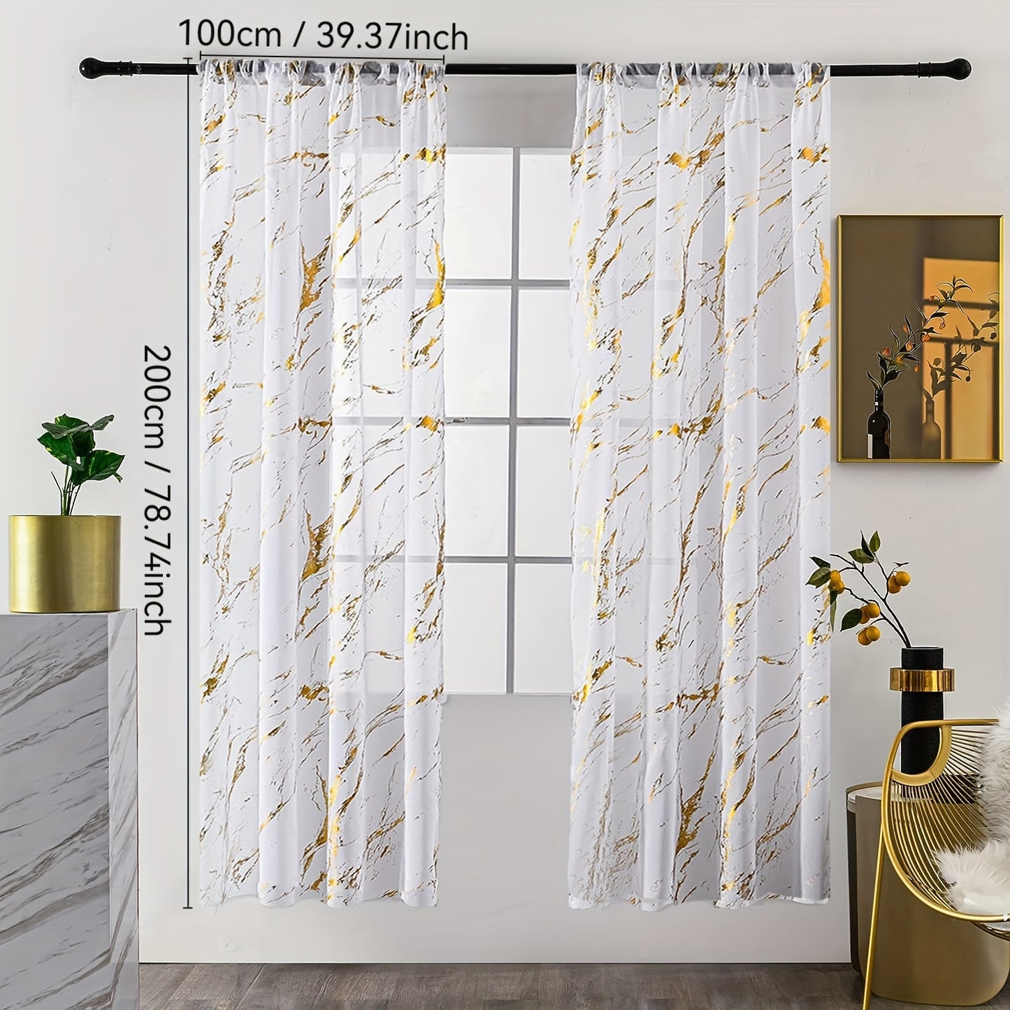 2pcs Golden Marble Printed Semi Blackout Sheer Curtains For Living Room & Bedroom Office Window Decoration Home Decor