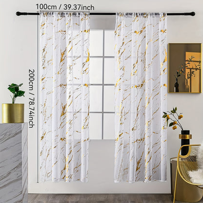 2pcs Golden Marble Printed Semi Blackout Sheer Curtains For Living Room & Bedroom Office Window Decoration Home Decor