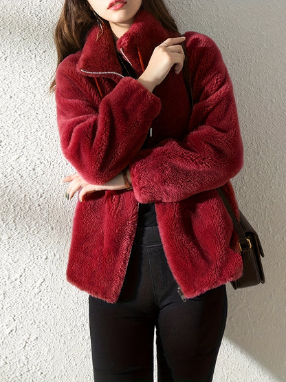 Furry Teddy Drawstring Coat - Women's Fur Outerwear, Casual Long Sleeve Zip Up Warm Jacket with Soft Plush Lining, Perfect for Winter Daily Wear