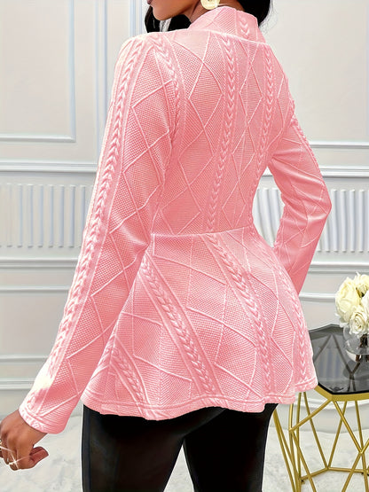 Chic Textured Jacket with Beaded Buttons - V-neck Elegance, Long Sleeves & Ruffled Hem - Perfect for Spring & Fall, Women's Fashion Essential