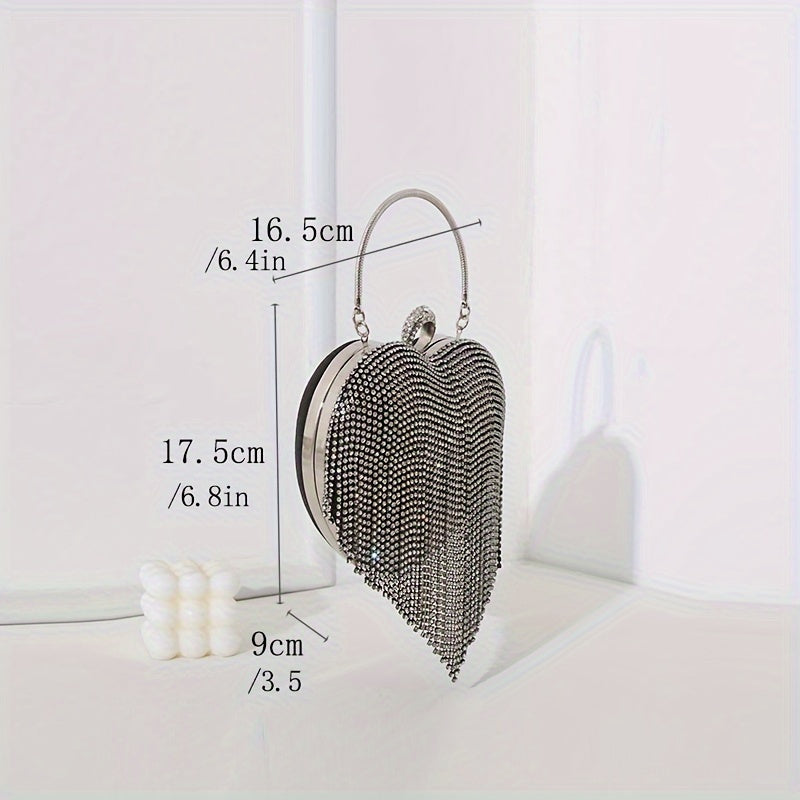 Rhinestone Fringed Heart Shaped Evening Bag, Luxury Shiny Tassel Handbag, Women's Dress Purse For Wedding Party Prom Banquet