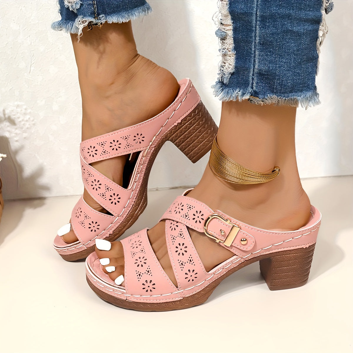 Chunky Heeled Sandals - Unique Hollow Design, Crisscross Buckle Strap, Thick Heel for Women - Perfect Summer Shoes for Casual Outdoor Wear