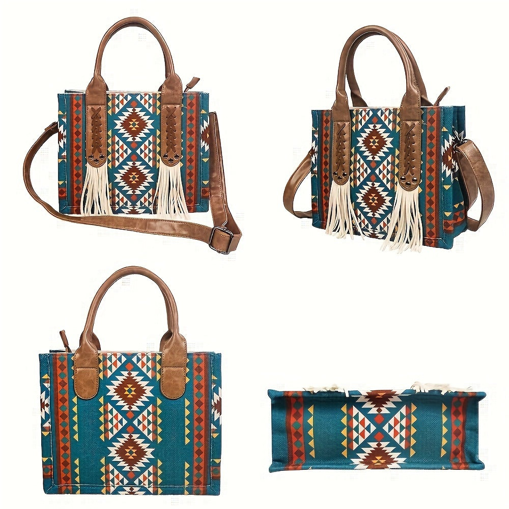 Bohemian Retro Print Tassel Tote Bag, Vintage Canvas Shoulder & Crossbody Handbag with PU Leather Straps for Women