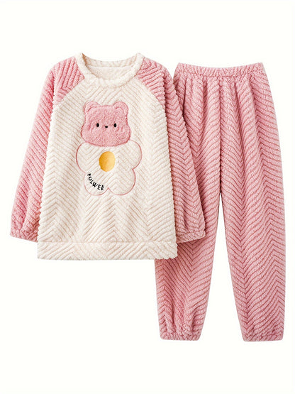 Women's Cute Bear & Floral Pattern Jacquard Fleece Thick Pajama Set, Raglan Sleeve Round Neck Top & Pants, Comfortable Relaxed Fit For Fall & Winter