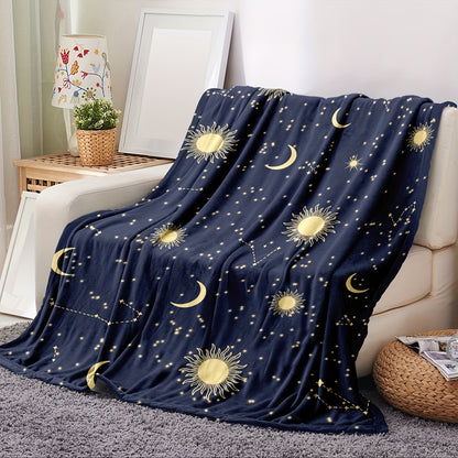 Contemporary Celestial Design Flannel Throw Blanket - Hypoallergenic Cozy Lightweight, Machine Washable, Digital Print, All-Season Multipurpose Polyester Bedding with Sun, Moon, and Stars Pattern