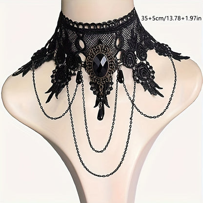 5pc Gothic Steampunk Choker Necklace Set - Intricate Pendant Designs, Alluring Black Lace Collar, Edgy Punk Style - Fashion Forward Accessories for Women - Perfect Festive Costume Accent