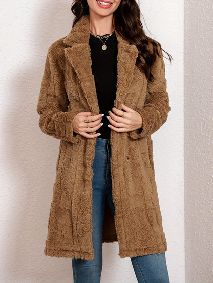 Long Sleeve Textured Thermal Double Breasted Lapel Teddy Coat - Soft Micro Elasticity Polyester Fabric, Versatile Winter Outerwear for Women - Hand Washable, Solid Color, Middle East Style, Fall/Winter Season, Knit Fabric