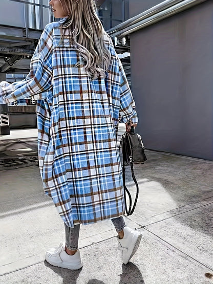 Plaid Print Long Length Jacket, Casual Button Front Flap Pockets Outwear, Women's Clothing