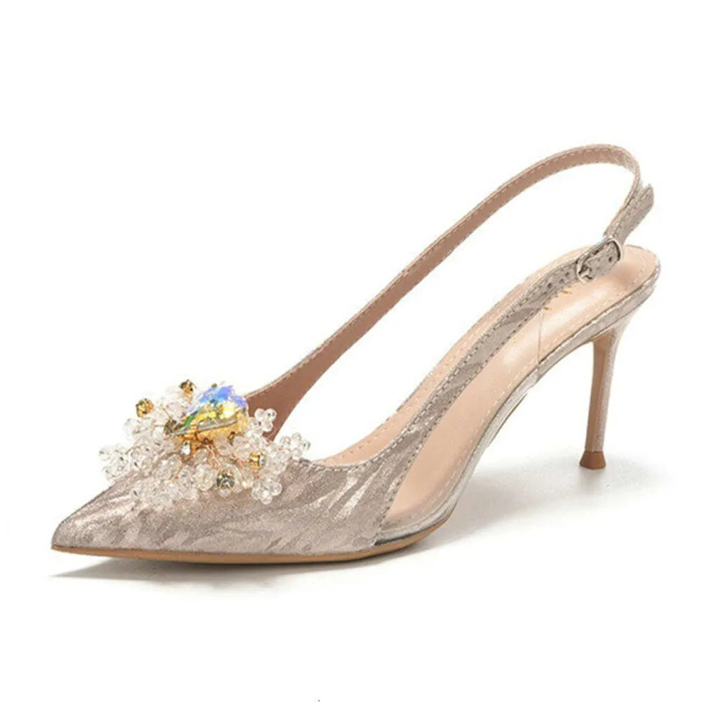 New Fine Heel Pointy Diamond Pumps Pearl Wedding Shoes Sparkles Baotou Glass Glue High-Heeled Sandals