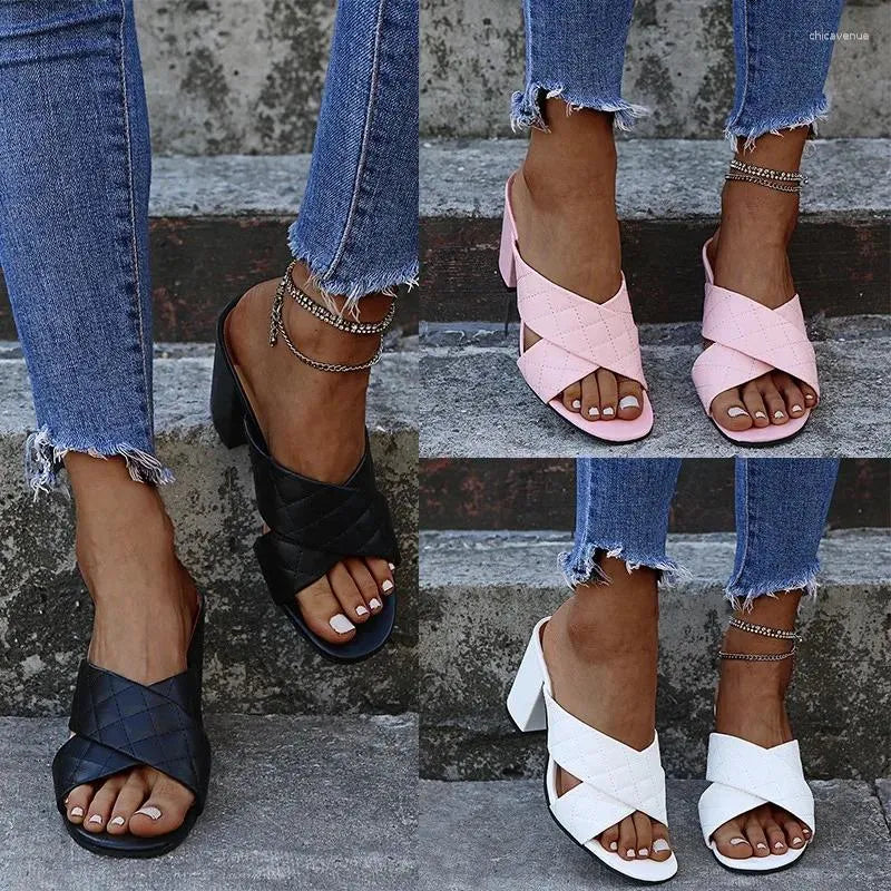 Slippers Runway Style Summer Weave Women Fashion Thick High Heels Gladiator Sandals Outdoor Beach Slides Ladies Mules Shoes