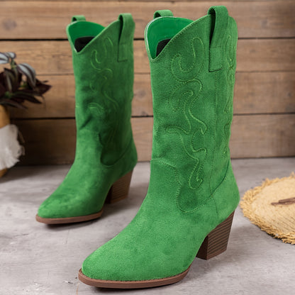 Womens Chic Embroidered Western Boots - Trendy Chunky Heel Mid-Calf Style, Pointed Toe Comfort for Vacation Wear