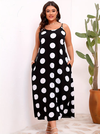 Flattering Plus Size Polka Dot Cami Dress with Pockets - Ankle-Length, Spaghetti Strap, Perfect for Spring & Summer - Comfortable, Stylish Womens Clothing