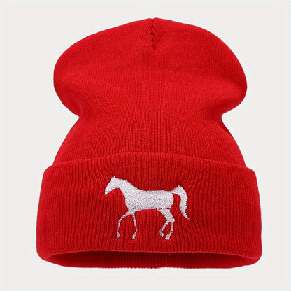 1pc Stylish Horse Embroidery Knitted Beanie Hat - Soft, Warm, and Fashionable for Men and Women Outdoor Activities - Unisex All-Match Design for Casual Wear