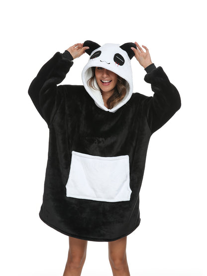 Cute Panda Hooded Nightdress, Fleece Thickened Long Sleeve Sleep Dress With Pockets, Women's Sleepwear & Dresses