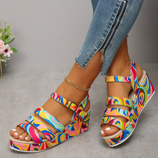 Chic Womens Colorful Wedge Sandals - Comfy Ankle Strap, Casual Open-Toe Design for Everyday Elegance