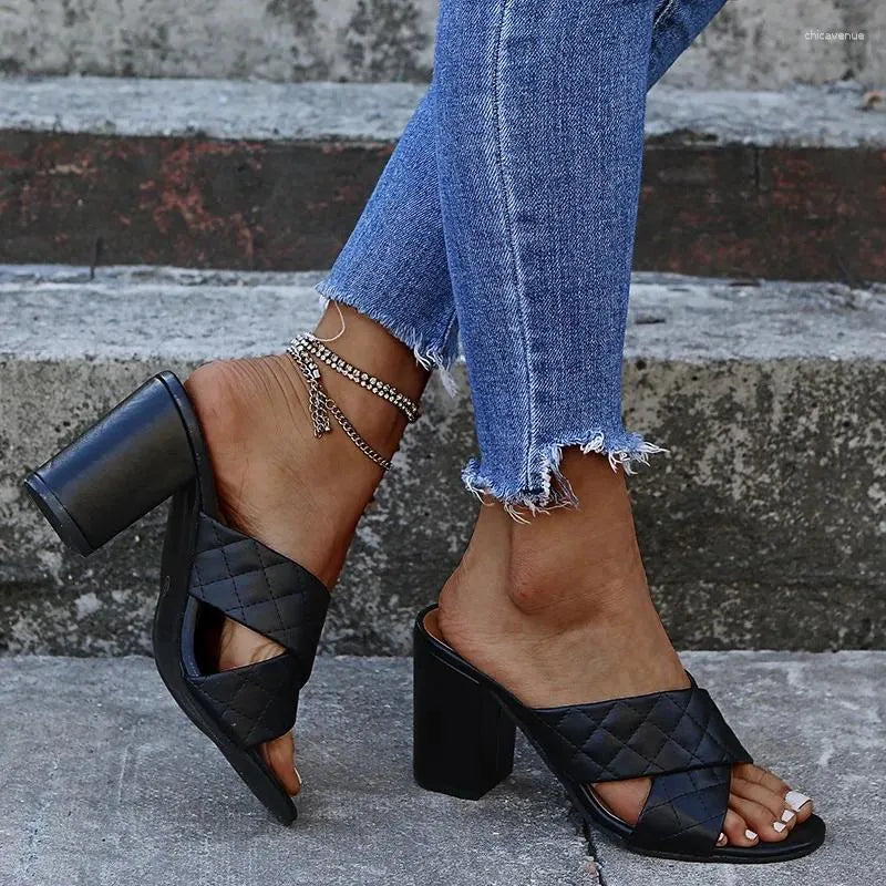 Slippers Runway Style Summer Weave Women Fashion Thick High Heels Gladiator Sandals Outdoor Beach Slides Ladies Mules Shoes