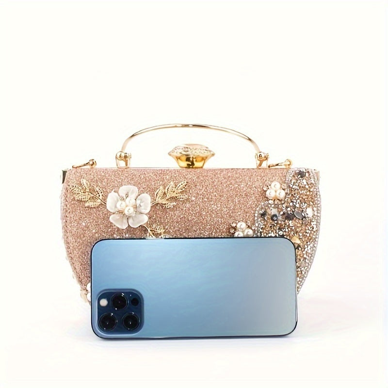 Faux Pearl Rhinestone Floral Evening Bag, Elegant & Charming Dress Clutch Purse, Women's Fashionable Handbag For Wedding Party Prom