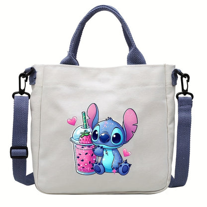 Disney Licensed Stitch Canvas Tote Bag, Student Shoulder Crossbody Bag With Removable Strap