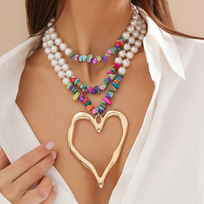 1pc Multilayer Exaggerated Holiday Style Imitation Pearl Peach Heart Charm Necklace Colorful Pine Stone CCB Necklace Charm Multilayer Necklace Gift