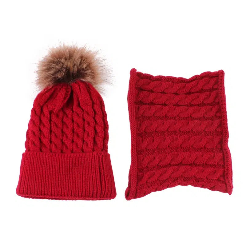 Kids Warm Cute Beanies Knit Hat Pom Pom And Matching Scarf 2pcs Set For Winter