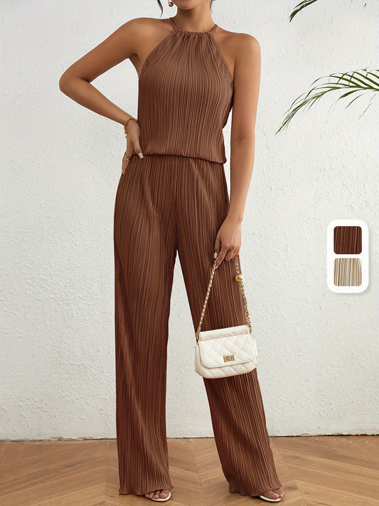 Elegant Solid Color Textured Pants Set, Sleeveless Halter Loose Top & Straight Leg Loose Pants Summer Outfits, Women's Clothing