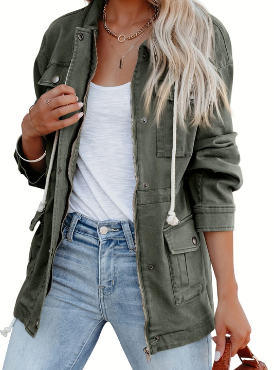 Stylish Women's Military Jacket - Durable, Casual Spring/Fall Outerwear with Button Details, Adjustable Drawstring & Practical Pockets