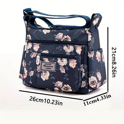 Floral Pattern Crossbody Bag - Water-Resistant Nylon Shoulder Bag with Multiple Pockets, Polyester Lining, and Zipper Closure - Perfect Mothers Day Gift for Mom or Any Occasion