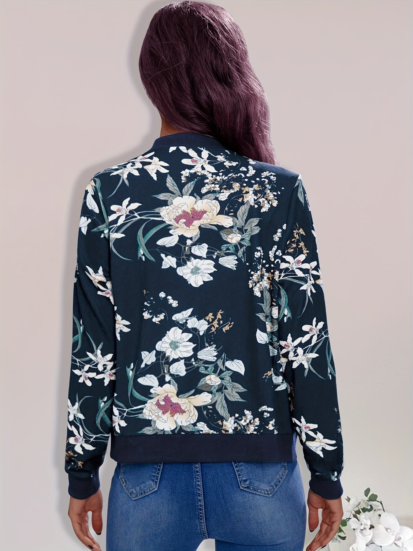 Stylish Women's Floral Print Bomber Jacket - Casual Zip Up Long Sleeve Outerwear for Everyday Wear