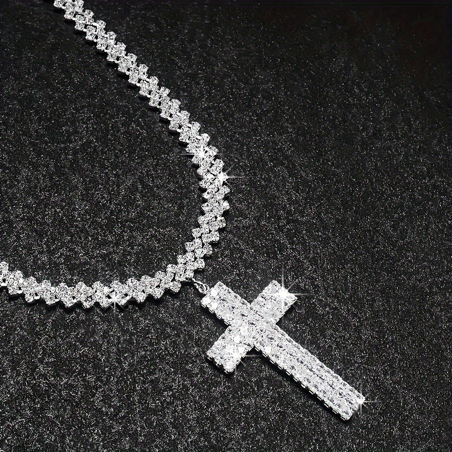 Luxury Multilayer Rhinestone Cross Pendant Necklace Silver Color Neck Jewelry Gift