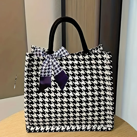 Large Capacity Fashionable Plaid Tote Bag - Versatile Commuter Shoulder Bag with Magnet Closure, Lightweight Fabric Material, and Random Printing - Ideal for Shopping, Class, and Daily Use