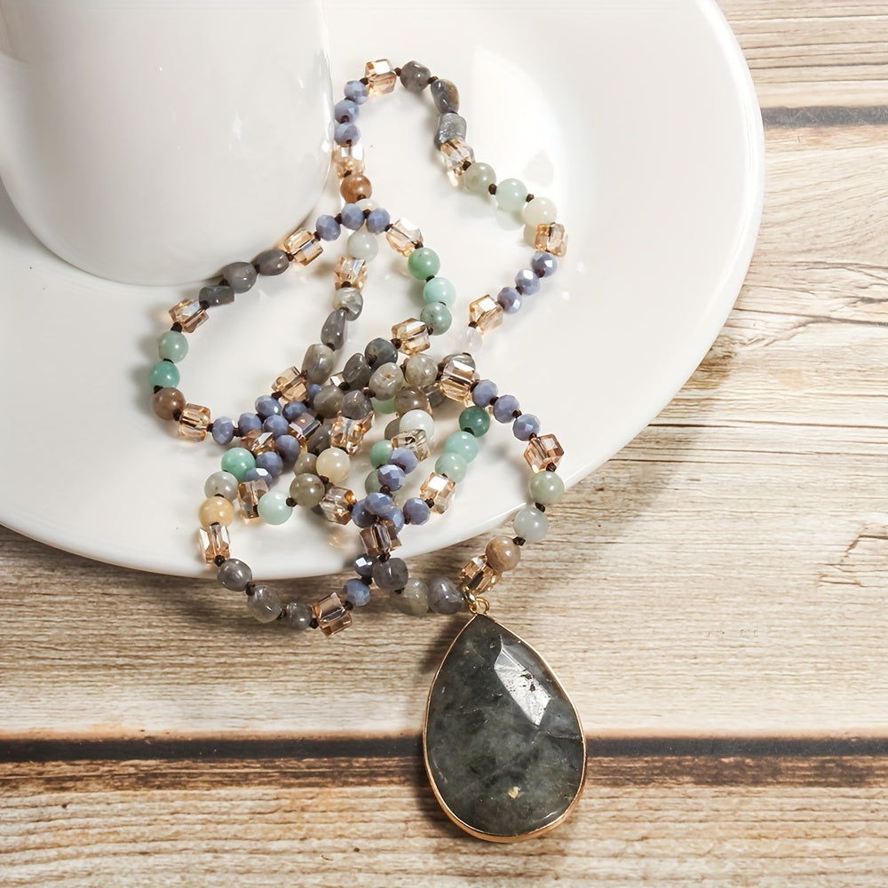 Vibrant Gemstone Water Drop Pendant Necklace - Boho Chic Style - Trendy Layered Sweater Chain for Fashion-forward Women