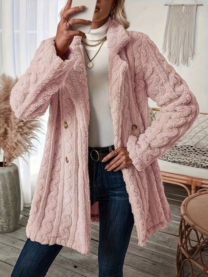 Long Sleeve Textured Thermal Double Breasted Lapel Teddy Coat - Soft Micro Elasticity Polyester Fabric, Versatile Winter Outerwear for Women - Hand Washable, Solid Color, Middle East Style, Fall/Winter Season, Knit Fabric