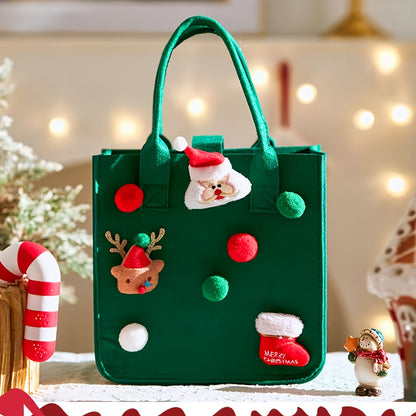 Christmas Felt Tote Handbag with Santa & Reindeer Applique - Minimalist Non-Woven Bag with Fixed Shoulder Straps and Buckle Closure - Baigou Unlined Festive Gift Carry Bag